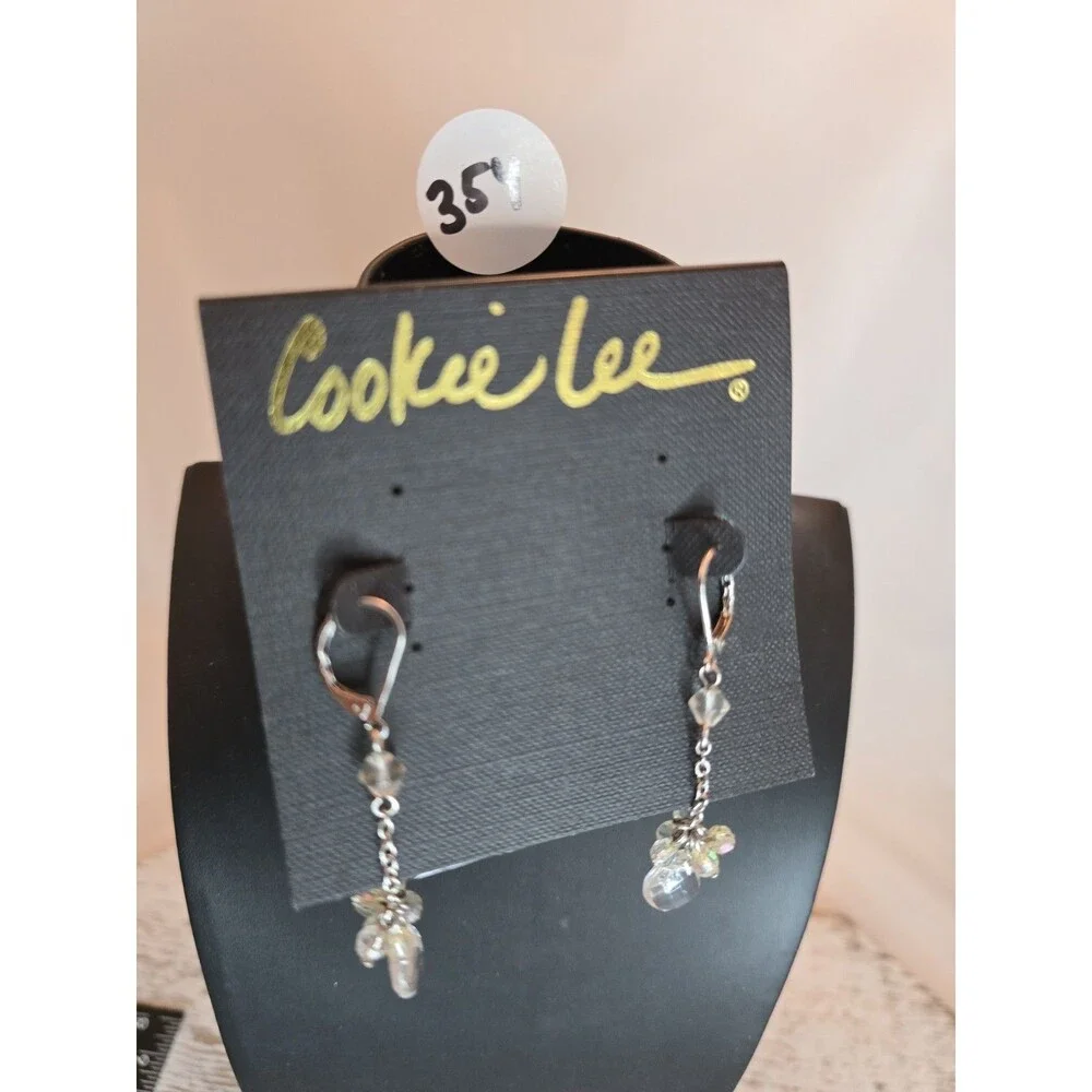 Cookie Lee Crystal Dangle Earrings Clear AB Bead Drop Silver Tone Jewelry #354